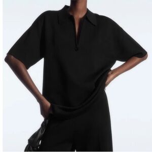 COS Double Faced Knit Black Short-Sleeve Zip Polo